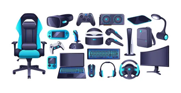 Vector illustration of Gaming accessories and professional IT equipment set. Headset with mic, gaming chair, monitor, steering wheel, virtual reality glasses, playing joystick, video console, headphone, mouse