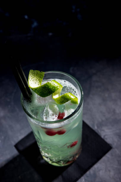 cocktail color menta sul ghiaccio con buccia di lime e decorazione di bacche di ribes - ginger drink alcohol drinking straw foto e immagini stock