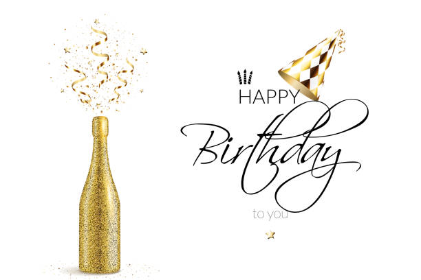 illustrations, cliparts, dessins animés et icônes de carte de voeux de joyeux anniversaire avec le champagne sur le fond blanc. - party hat party birthday confetti
