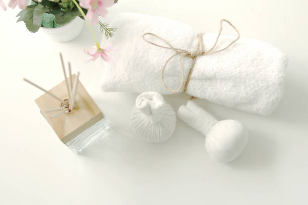 istock Beautiful spa composition on a massage table, spa relax concept, copy space, beautiful spa set on the wood table