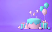 パステルピンクと緑のケーキ、風船、紫の背景にギフトボックス