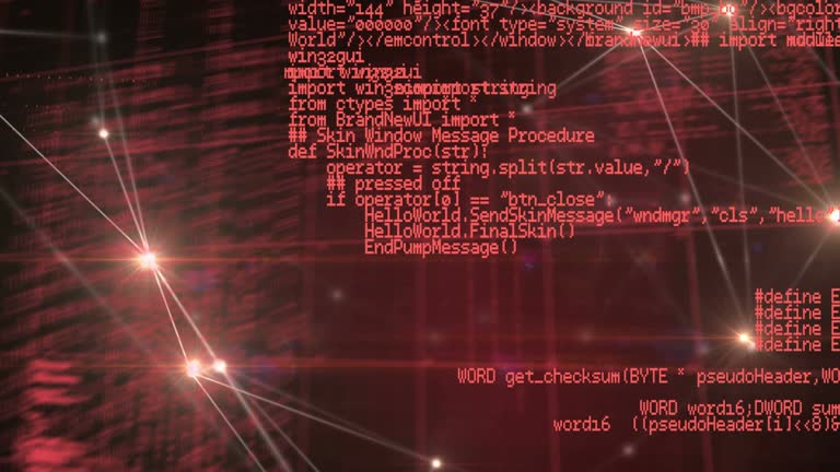 Animation of network of connections with glowing spots and red data processing