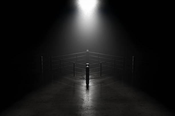 Futuristic Boxing Ring A concept showing a boxing ring on a reflective concrete lined floor backlit by a single honeycomb spotlight - 3D render boxing stock pictures, royalty-free photos & images