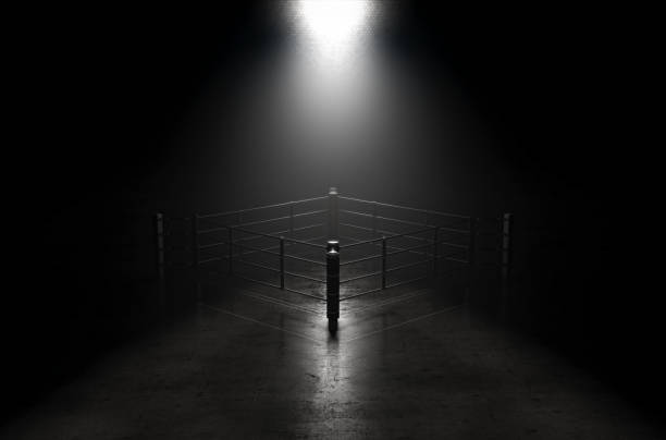 Futuristic Boxing Ring A concept showing a boxing ring on a reflective concrete lined floor backlit by a single honeycomb spotlight - 3D render boxer stock pictures, royalty-free photos & images