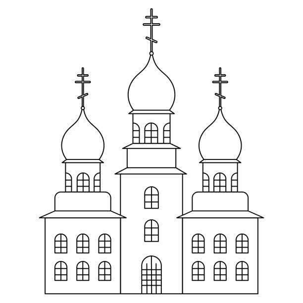 kirche. skizzieren. tempel mit kuppeln mit kreuzen verziert. vektor-illustration. malbuch für kinder. gliederung auf weißem isoliertem hintergrund. doodle-stil. leichte ostern. religiöse motive. haus gottes. - confession booth penance catholicism church stock-grafiken, -clipart, -cartoons und -symbole