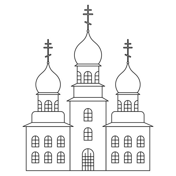 Church. Sketch. Temple with domes decorated with crosses. Vector illustration. Coloring book for children. Outline on white isolated background. Doodle style. Light Easter. Religious motives. House of God. Church. Sketch. Temple with domes decorated with crosses. Vector illustration. Coloring book for children. Outline on white isolated background. Doodle style. Light Easter. Religious motives. House of God. Idea for web design, invitations, postcards. cloister stock illustrations