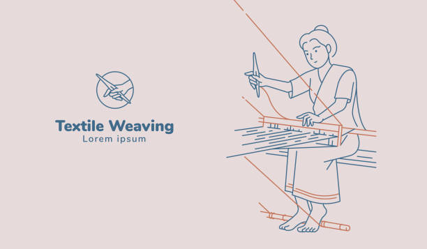 Hand woven weaving line art vector illustration Woman working on weaving hand woven illustration. Line art vector. loom stock illustrations