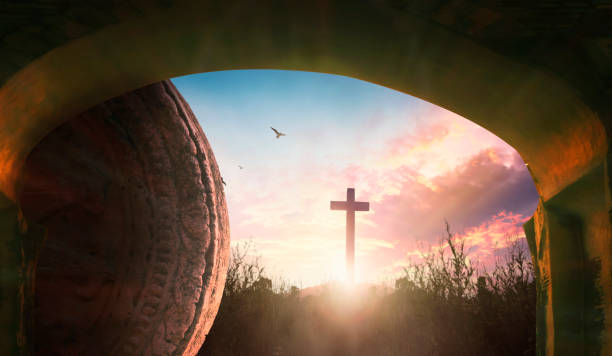 istock Easter concept: Tomb Empty With Crucifixion At Sunrise 1310247118