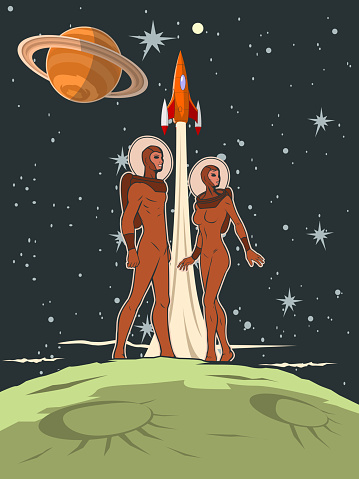 A retro style vector illustration of a couple of astronaut