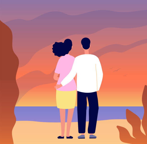 istock Romantic couple date. Hugging on sunset, tourists in love look on mountain sea landscape. Flat lovers together, seascape utter vector concept 1310247132