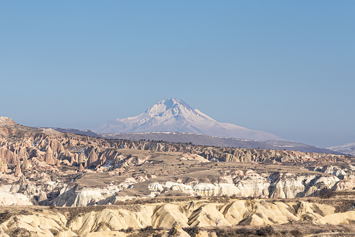 Unique geological formations in Love Valley in Cappadocia, popular travel destination in Turkey