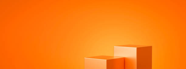 istock Orange product background stand or podium pedestal on empty display with glowing light backdrops. 3D rendering. 1310248154