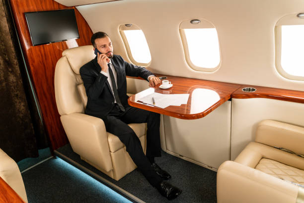istock Businessman flying on private jet 1310248279