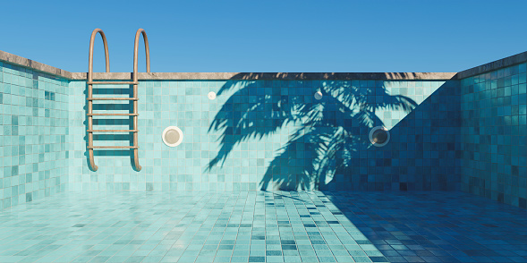 empty swimming pool with rusty stairs and tile floor. concept start of summer. 3d render