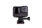 New 4K action camera on a suction mount in black color. Isolated white background
