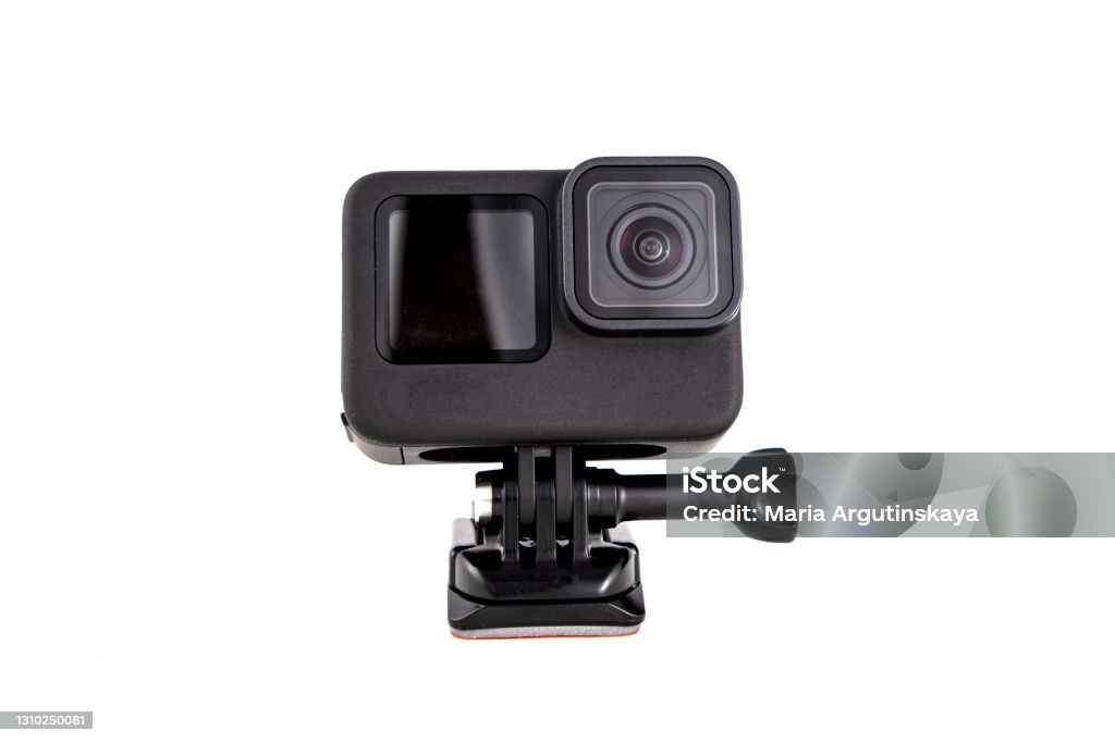 New 4K action camera on a suction mount in black color. Isolated white background New 4K action camera on a suction mount in black color. Isolated on  white background Wearable Camera Stock Photo
