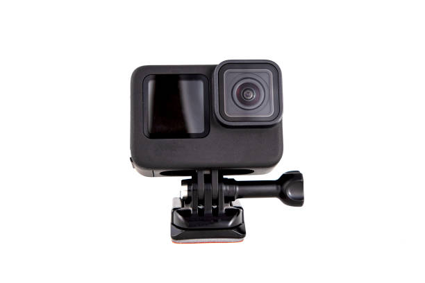 New 4K action camera on a suction mount in black color. Isolated white background stock photo