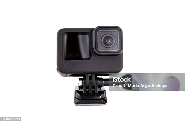 New 4k Action Camera On A Suction Mount In Black Color Isolated White Background Stock Photo - Download Image Now