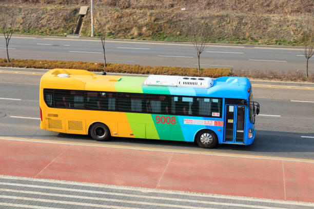 Bus System and Bus Station Gimpo, Gyeonggi-do, Korea - March 19, 2021. Gyeonggi-do Bus System and Bus Station. Gurae-dong double-decker bus and stop. Han River New Town Gurae-dong Bus and Station. seoul bus stock pictures, royalty-free photos & images