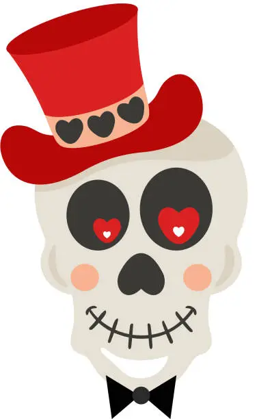 Vector illustration of Valentine skull with red hat