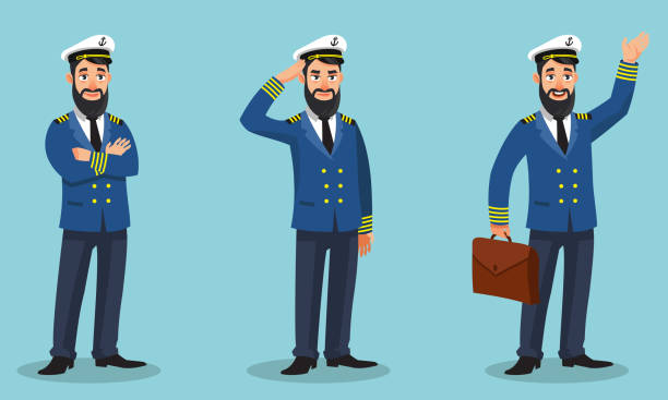 Captain of the ship in different poses. Captain of the ship in different poses. Male person in cartoon style. marines navy sea captain stock illustrations