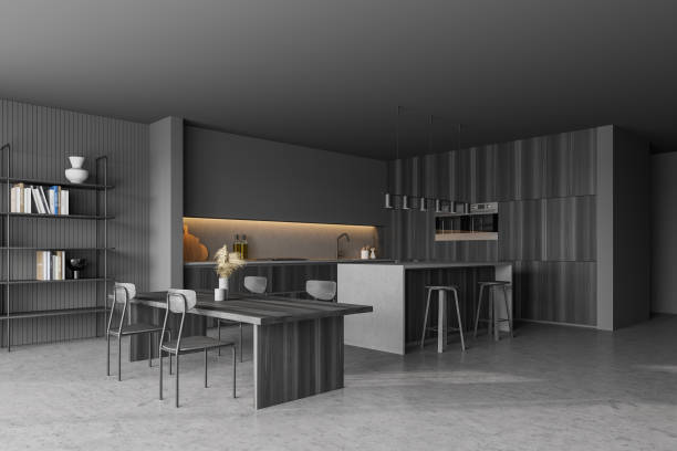istock Grey kitchen room with dining table and chairs, marble floor 1310253620