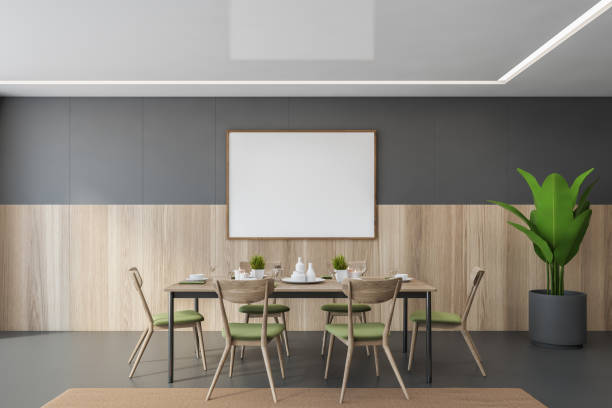 istock Mockup frame in grey and wooden dining room with chairs and dishes on table 1310253928