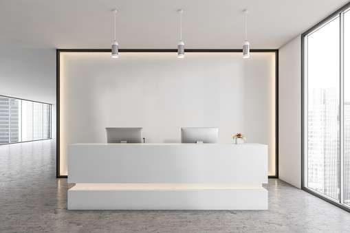 White reception room with two computers and armchairs. White wall with backlight, reception entrance with office desk near window, front view, marble floor 3D rendering, no people