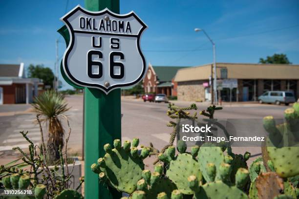 Detail Of A Us Route 66 Road Sign In A Town In The State Of Oklahoma Stock Photo - Download Image Now