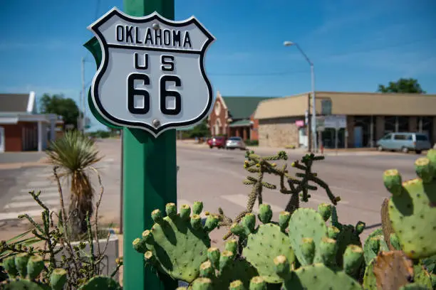 Detail of a US route 66 road sign in a town in the State of Oklahoma, USA. Concept for road trip in the USA.