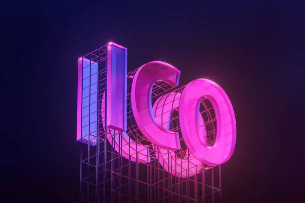 Photo of The road billboard with the ICO word text sign to symbolize new technology of crypto market start up. 3d rendering illustration.