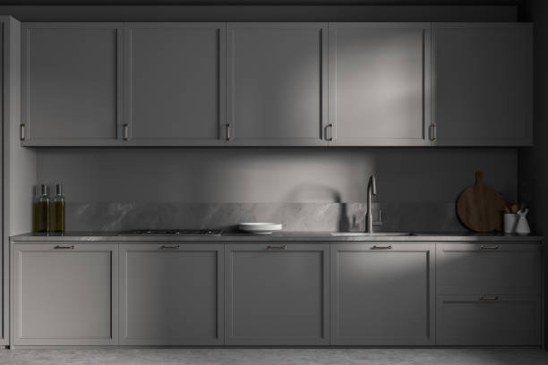 istock Grey kitchen set with shelves and appliances, marble floor 1310256311