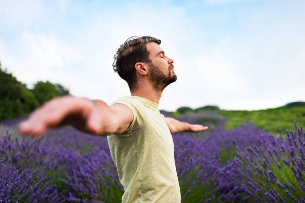 Man enjoying on lavender field
