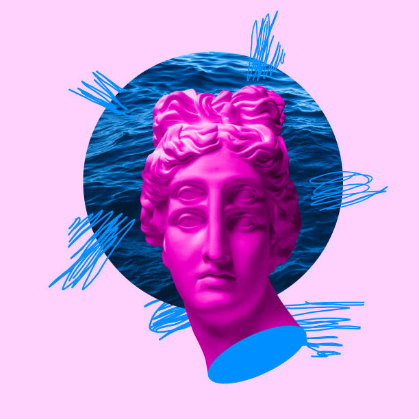 Surrealism. Modern conceptual art colorful poster with ancient statue of bust of Apollo replica isolated over colored background. Purple, blue and pink. Collage of contemporary art. Fashion design.