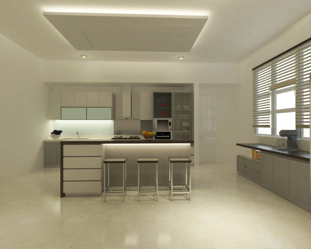 istock Modern Kitchen Cabinet Design With Minimalist Island Bar Table 1310259815