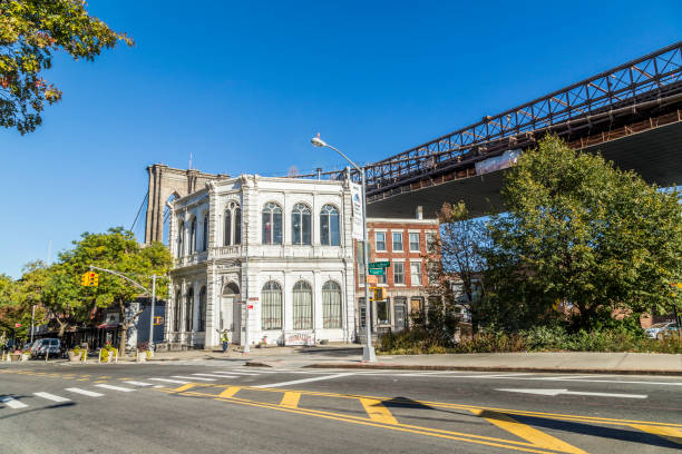 New York, USA - October 23, 2015:     brooklyn bridge with old historic house in Brooklyn in early morning light at the Fulton Ferry Landing Pier.