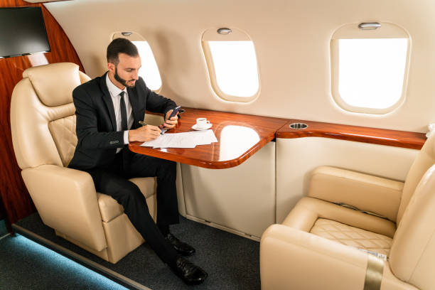 istock Businessman flying on private jet 1310261586