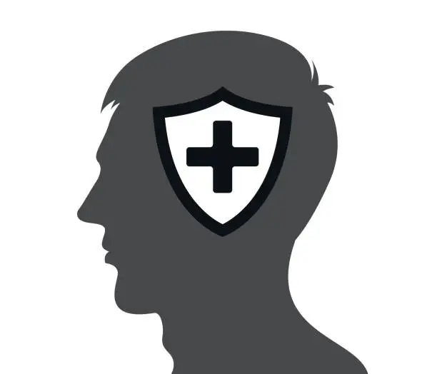 Vector illustration of Virus protection: creative shield icon in human head. Immune system, vaccine, antibiotic protection icon. Modern vector illustration.