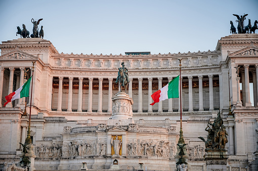 Rome, Italy - 12.10.2022: Piazza del Campidoglio in Rome, Italy, on the Capitolium hill. Town Hall building and the Capitoline Museums in the background.