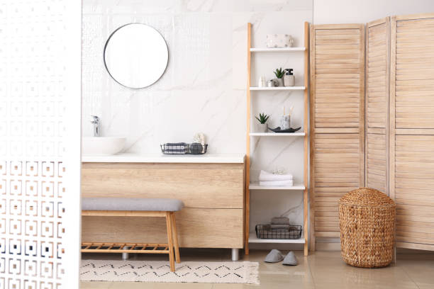 istock Modern bathroom interior with decorative ladder near countertop 1310263569