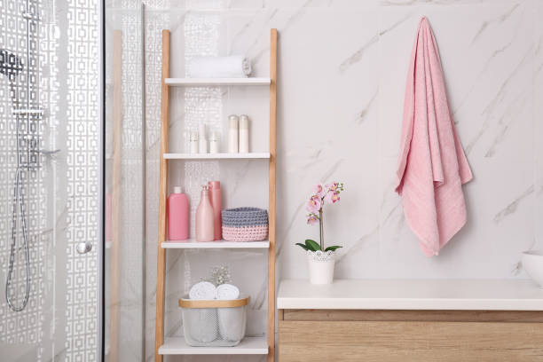 istock Modern bathroom interior with decorative ladder and shower stall 1310263711