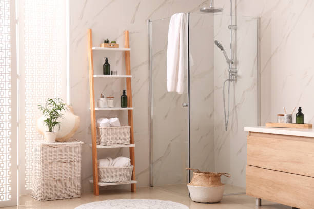 Modern bathroom interior with decorative ladder and shower stall Modern bathroom interior with decorative ladder and shower stall log cabin photos stock pictures, royalty-free photos & images