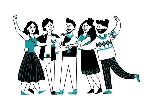 Vector illustration of Happy people drinking. Friends party, cocktail drinks in people hands. Students friendship, cartoon persons clinking glasses decent vector concept