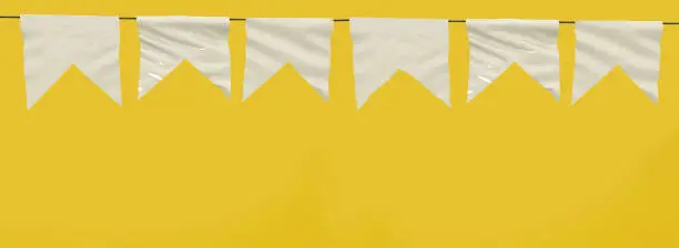 Brazilian june party flags. 3d Bandeirolas Mockup. Brazilian traditional celebration. Saint John. White flags on yellow background. June festival called Festa Junina or São João portuguese. Banderols