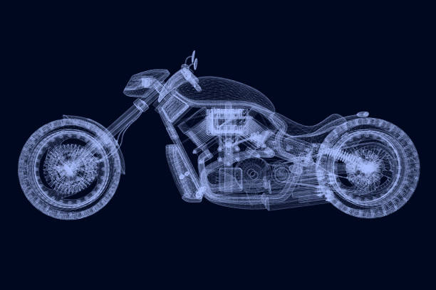 Motorcycle wireframe made of blue lines on a dark background. Side view. 3D. Vector illustration Motorcycle wireframe made of blue lines on a dark background. Side view. 3D. Vector illustration. motorcycle drawings stock illustrations