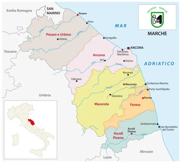 Vector illustration of marche administrative and political map with flag