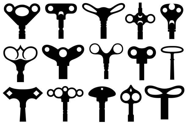 ilustraciones, imágenes clip art, dibujos animados e iconos de stock de grupo de diferentes claves de liquidación - clockwork key