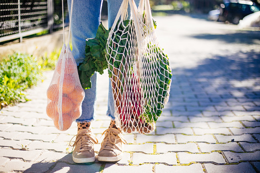 Casual young woman hands holding bunch of different fruits and vegetables in recyclable string sack