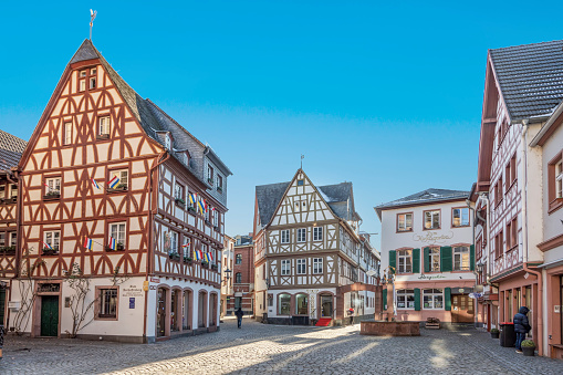 Mainz, Germany - February 13, 2021: Historic city center of Mainz with old traditional half timbered buildings.