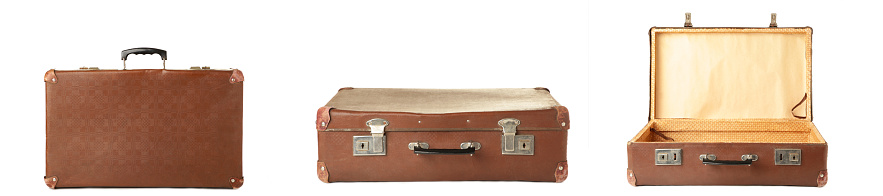 Vintage suitcase collage on white. Open, closed, front and side views. Top view